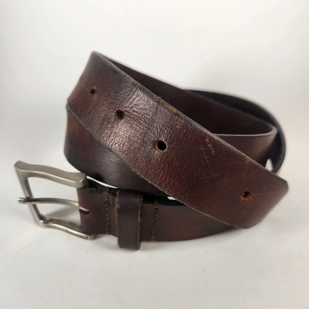 TIMBERLAND Belt Size 34 Brown Leather Made USA Silver Buckle 1.5 Width